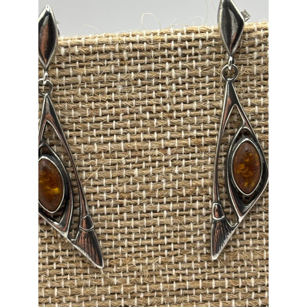 Vintage Handcrafted 925 Silver Dangle Earrings with Amber Stone - Picture 5 of 13